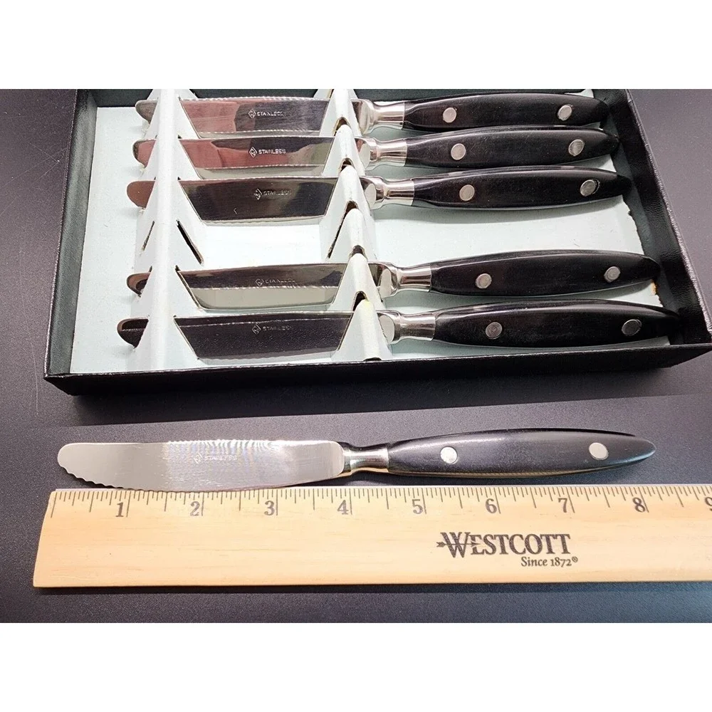6-Pc MCM CI Stainless Japan Black Composite Handle Dinner Knife Set NOS IN BOX